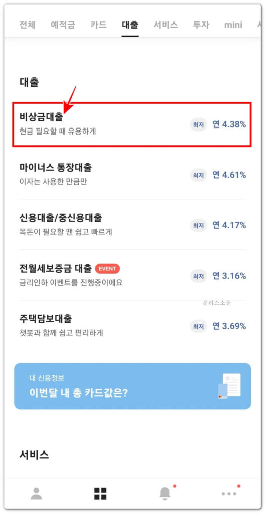 비상금대출 메뉴 선택하기