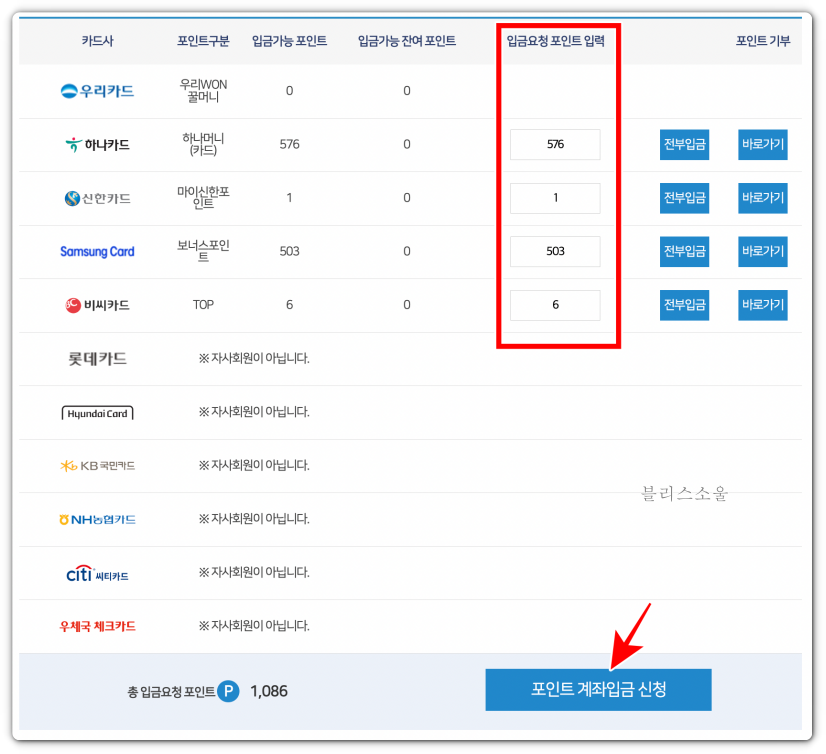 입금 요청할 포인트 입력 후 [포인트 계좌입금 신청] 버튼 누르기