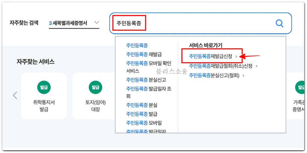 주민등록증 재발급 신청 메뉴 선택